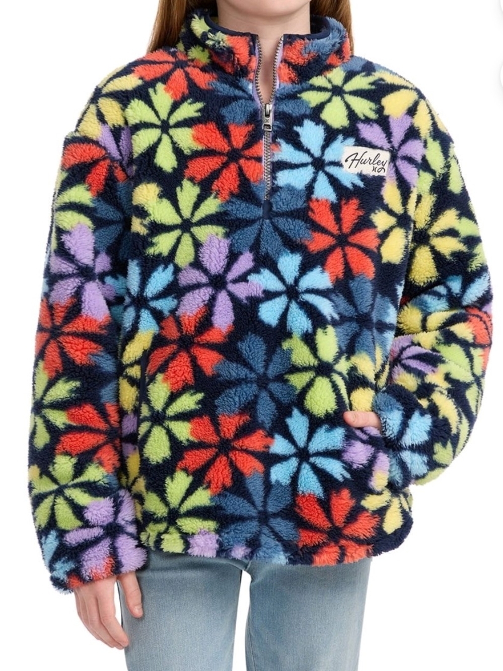 Hurley Kids Navy Floral Sherpa Half-Zip Jacket with Multi Colors